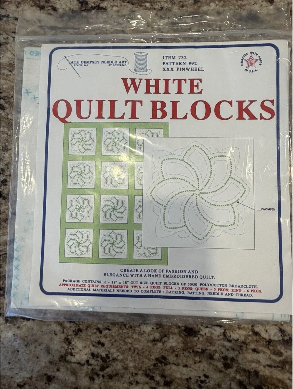 Vtg Jack Dempsey White Quilt Blocks 18” XXX Pinwheel #92 New